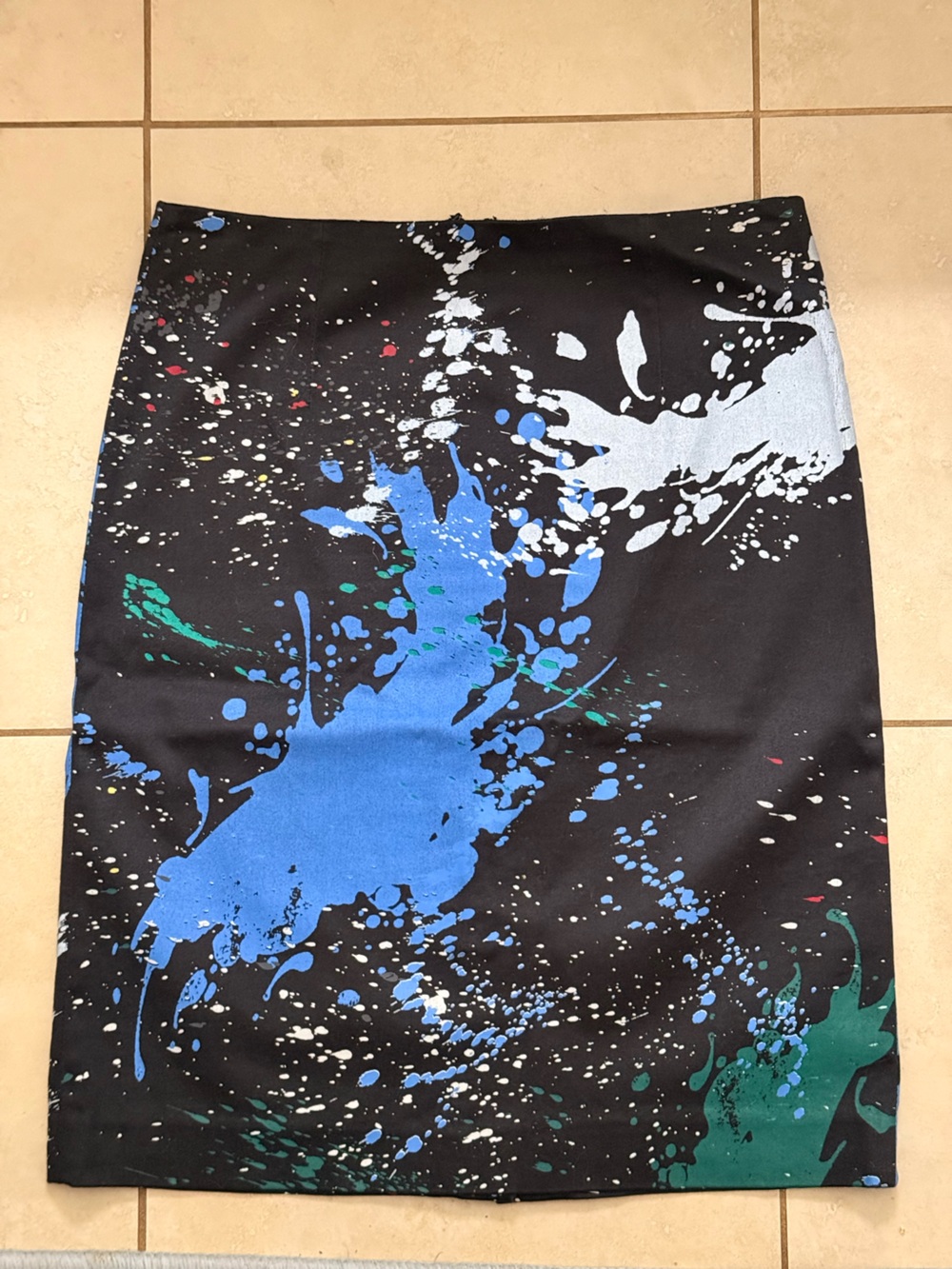 Tibi Black Skirt with Blue, White & Green Paint-Splash Print